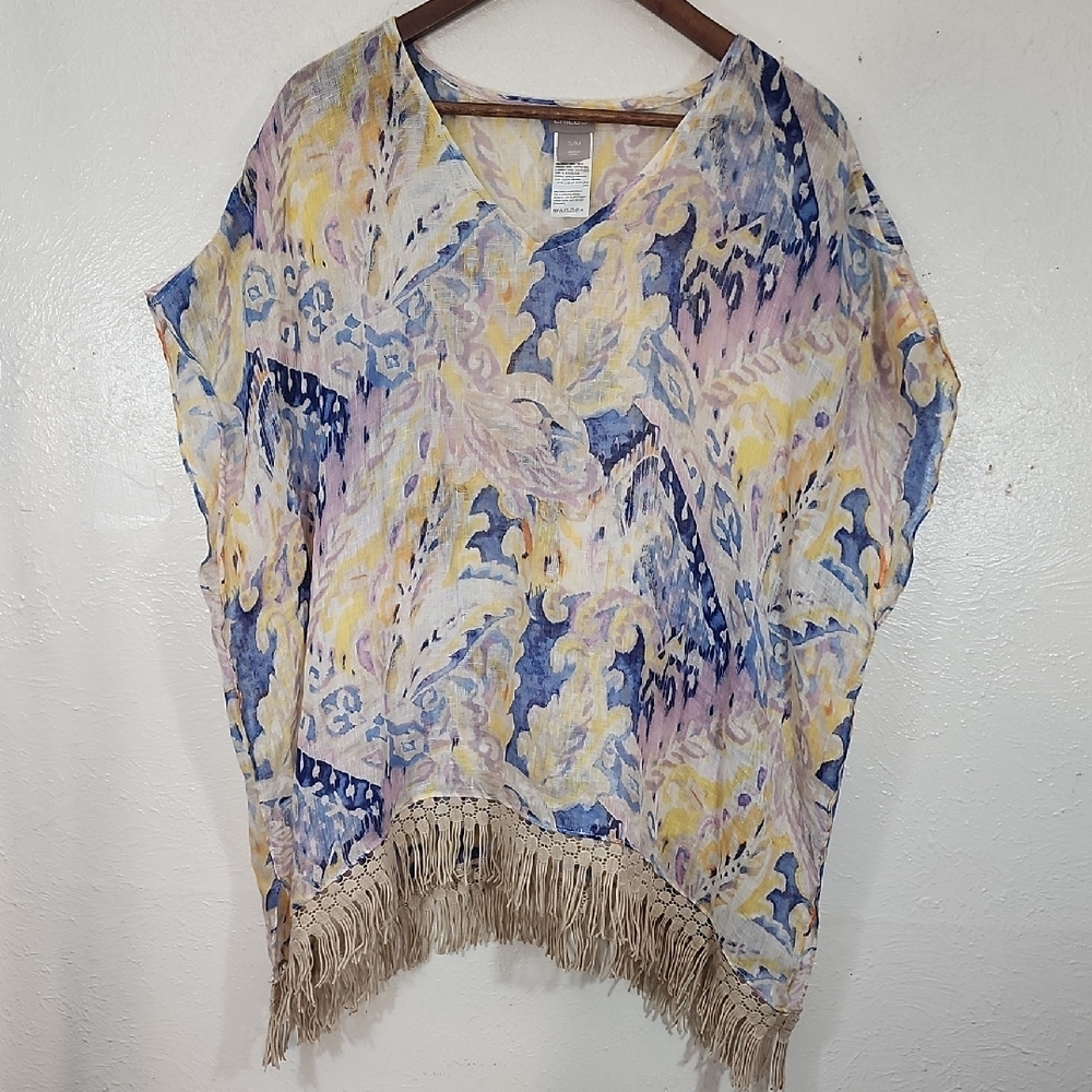 Chico's Blue and Yellow Coastal Grandma Poncho With Fringe Trim S/M
